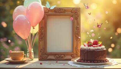 Celebratory Still Life with Cake, Balloons and a Decorative Frame Displaying an Atmosphere of Joy and Celebration in a Garden Setting