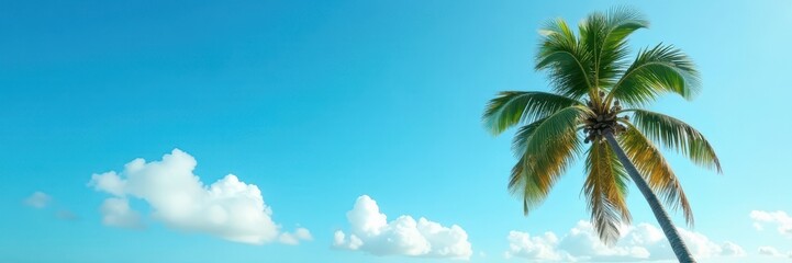 Single coconut palm silhouetted, azure sky backdrop, beach, horizon, summer