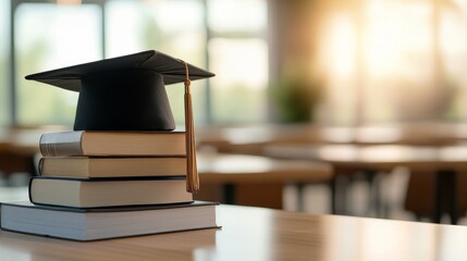 Graduation cap on books in classroom