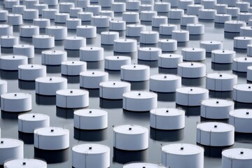Obraz premium Industrial storage tanks arranged in a grid on a sunny day in an oil facility
