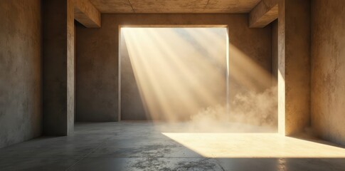 Smoky, sunlit concrete room Dust motes dance in beams , interior, beams, urban