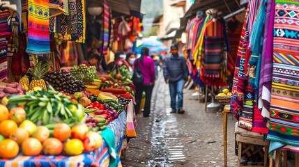 Obraz premium Colorful textiles and fresh fruit on display at a busy market in South America.