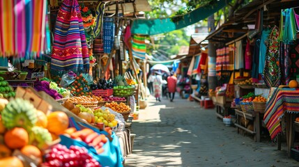 A vibrant outdoor market with colorful textiles and fresh produce.