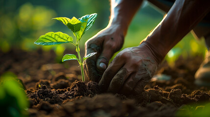 Farmer&rsquo;s Hands Planting a Young Green Seedling in Fertile Soil at Sunrise  