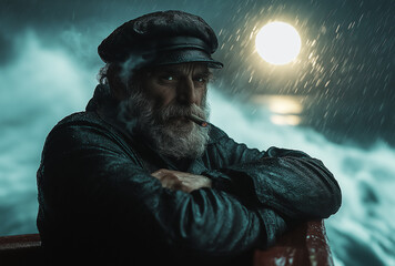 Alter Kapitän steht bei Regen an der Reling und raucht Zigarre