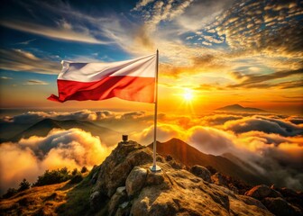 Majestic Polish Flag at Sunrise, Mountaintop National Holiday Celebration