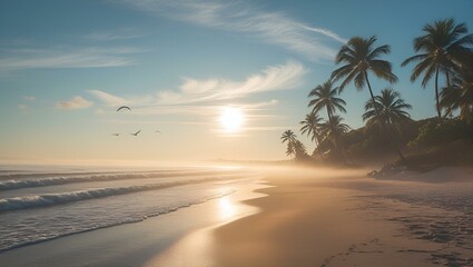 Fototapeta premium Golden sunset paints the tropical beach horizon where sea meets sand