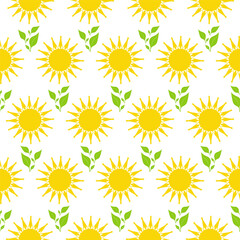 Colorful sun and leaf pattern creating a vibrant and cheerful design for fabric or wallpaper. Vector illustration