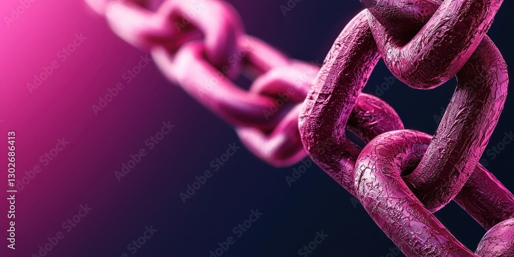 Poster a close-up of a vibrant pink chain against a dark background, showcasing texture and color in a stri