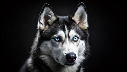 Majestic Siberian Husky Dog with Blue Eyes - Black Background - BW Stock Photo