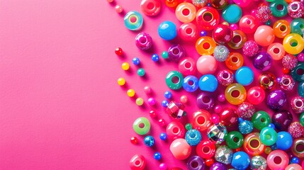 Assorted Colorful Beads on a Dark Pink Background – Perfect for Jewelry Making, Crafts, and Creative DIY Projects