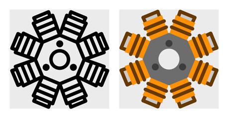A stator icon with a radial coil design. This technical illustration is great for mechanical guides, electrical system diagrams, and automotive component catalogs.
