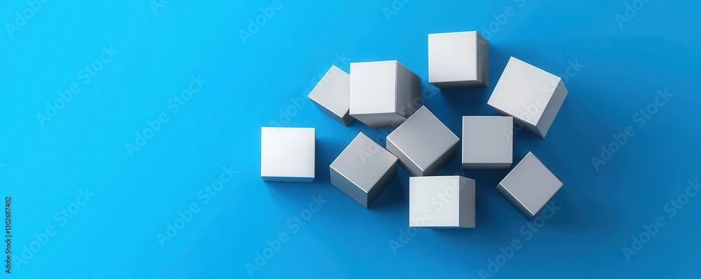 Poster a top-down view of scattered white cubes on a vibrant blue background, creating a modern and minimal