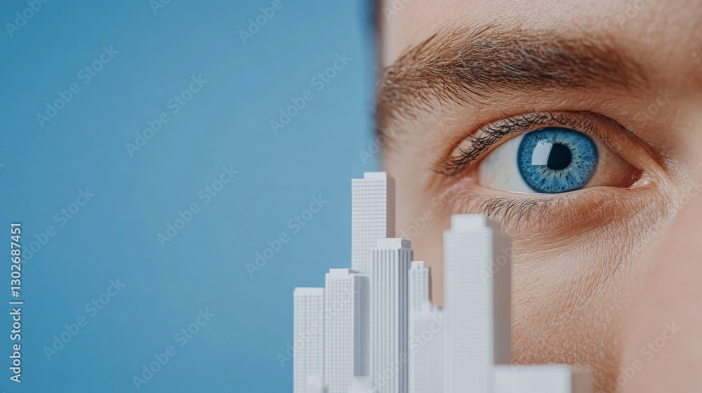 Poster man’s face partially hidden behind futuristic cityscape symbolizing technological vision urban devel