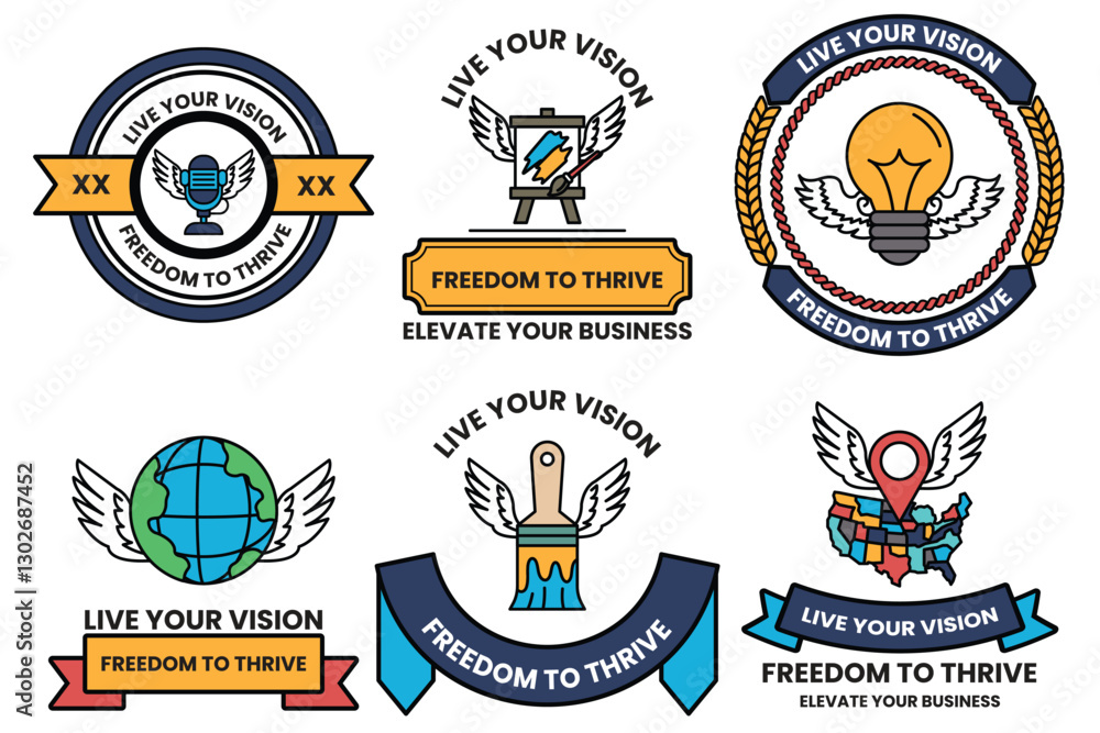 Poster set of illustrations in the concept of a business with wings in a line style