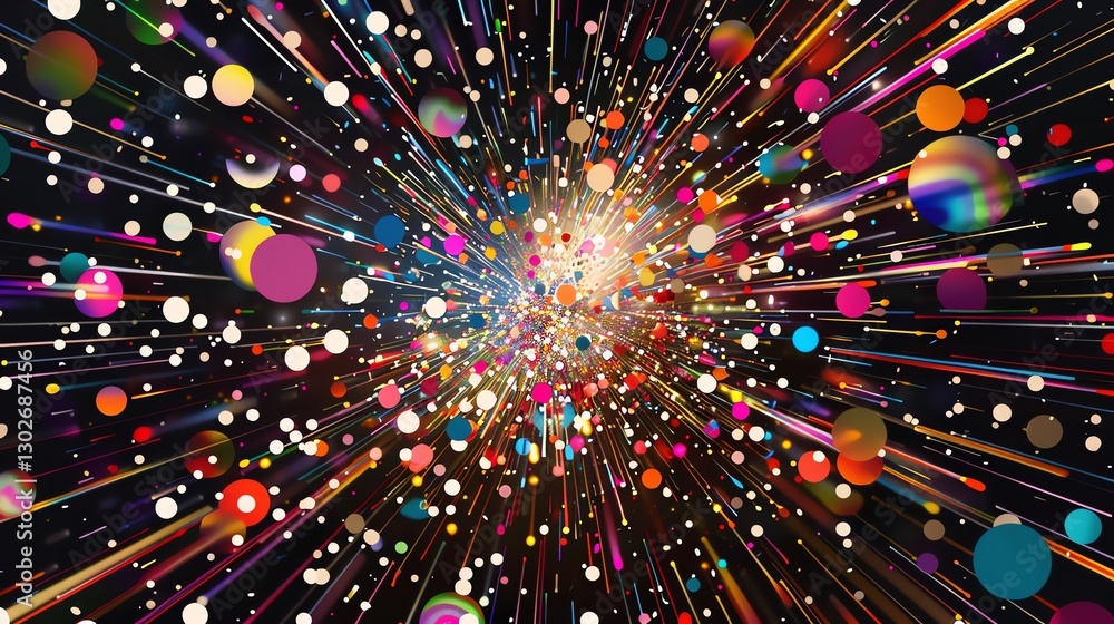 Poster a colorful abstract image of streaks of light and circles exploding outwards in a black background.