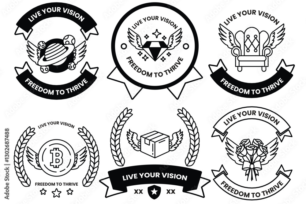 Poster set of illustrations in the concept of a business with wings in a line style