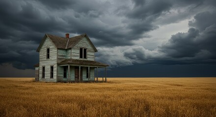 Dilapidated farmhouse stands alone in a windswept wheat field under a stormy sky