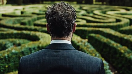 Businessman contemplatively stands in a green maze at a garden during late afternoon