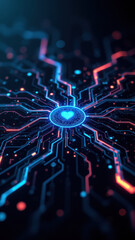 Fototapeta premium Digital technology concept with neon circuitry on a brain-like structure symbolizing artificial intelligence, data flow, and computational power.