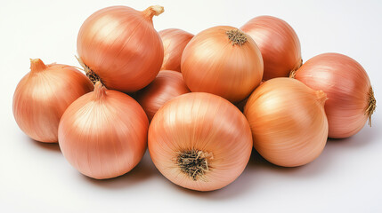 Fresh onions stacked in a neat arrangement ready for cooking or market on a plain background