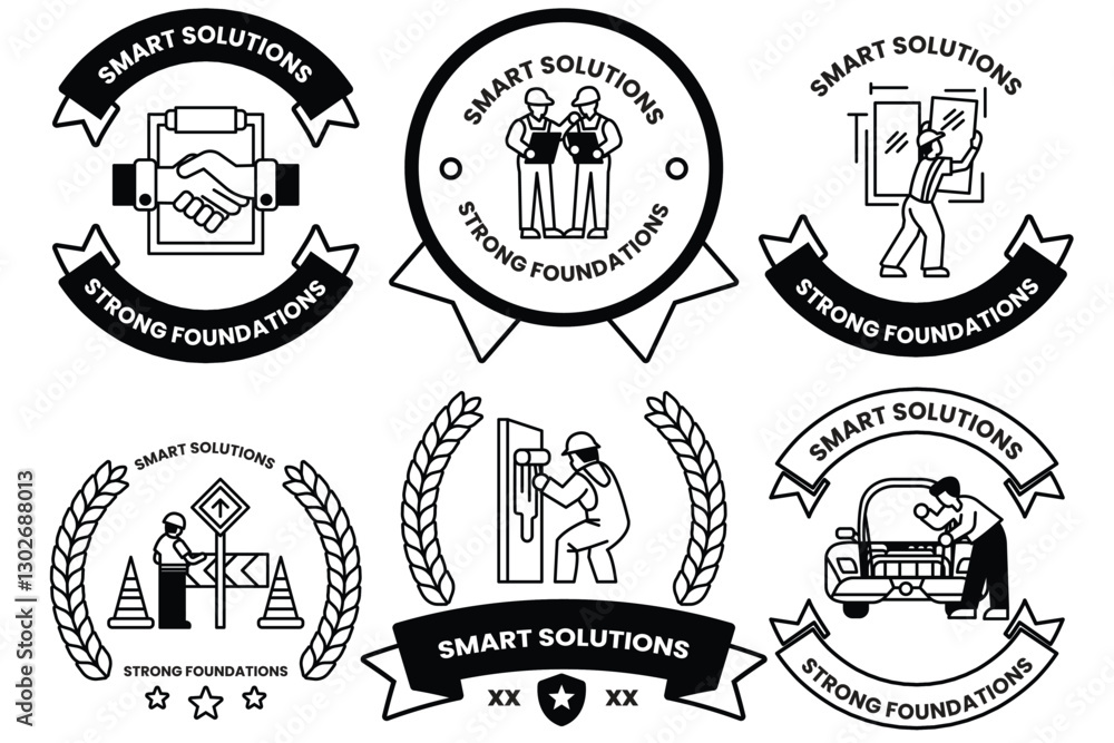 Poster set of illustrations in the concept of construction and architecture in line drawing style