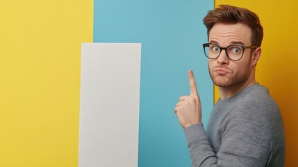 Attractive man pointing forward. He stands holding a blank white board against a plain background, posing with confidence and ambition concept for advertising and business