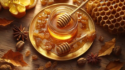 Autumn honey harvest, raisins, spices on wood. Food photography for recipe blogs or websites
