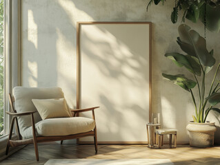 frame on the floor, leaning on a table and a chair, modern living room, zoom in on the frame, the frame is empty inside