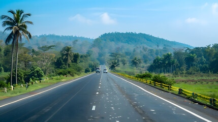 A wide highway in the state of Kerala, India, newly restored and surrounded by lush greenery under a clear blue sky.