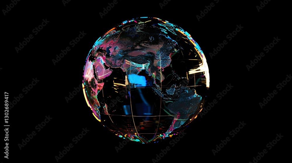 Poster a 3d model of a glowing earth, with a grid pattern and colorful dots.