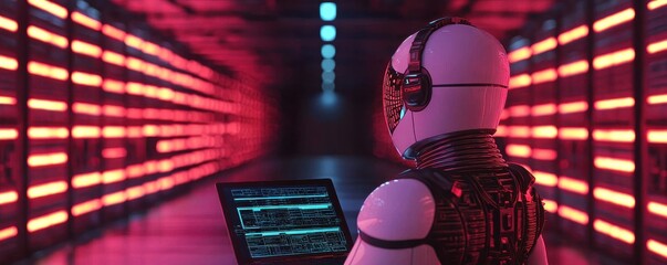 A futuristic robot analyzes data in a vibrant, illuminated server room, showcasing advanced technology and artificial intelligence.