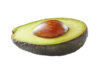 This image is of a single avocado cut in half, showcasing its seed and flesh.