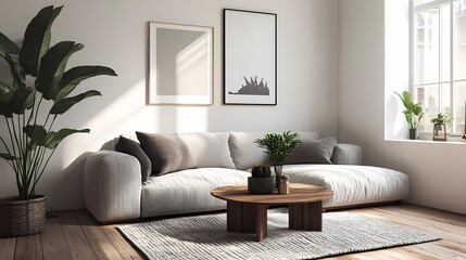 Naklejka premium Modern Scandinavian home interior design characterized by an elegant living room featuring a comfortable sofa, mid century furniture, cozy carpet, wooden floor, white walls, and home plants.