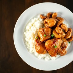 Spicy chicken with cashews and rice, overhead view on a white plate