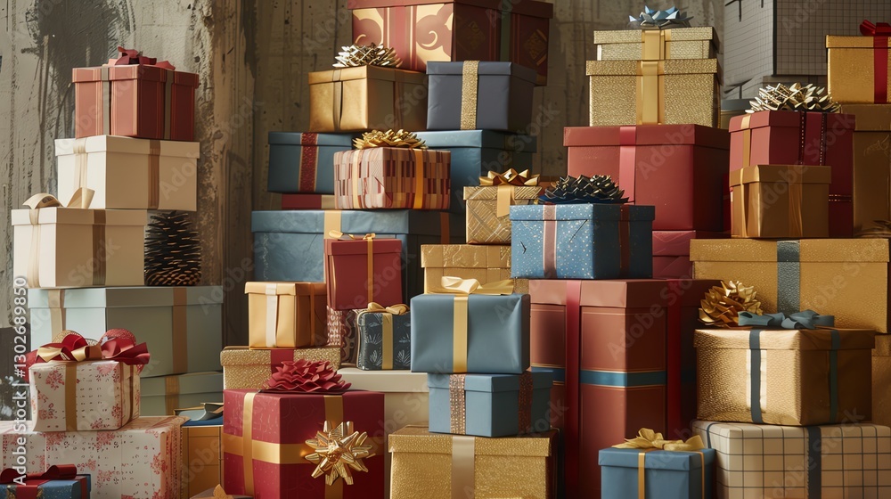 Poster a large pile of wrapped presents with different colors and patterns.