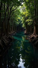 Obraz premium Indian Backwater Mangroves showcase serene waterways, lush greenery, towering trees, reflecting tranquility of nature. Concept emphasizes ecosystem preservation for Indian Backwater Mangroves