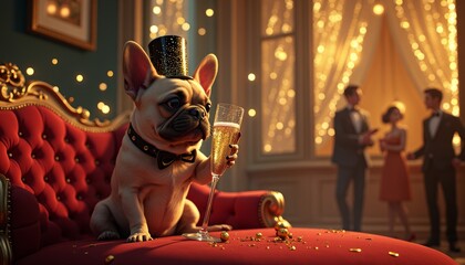Sophisticated Celebration A French Bulldog Raising a Toast with Champagne on Plush Seating at Festive Gathering Creating Atmosphere of Joy and Elegance