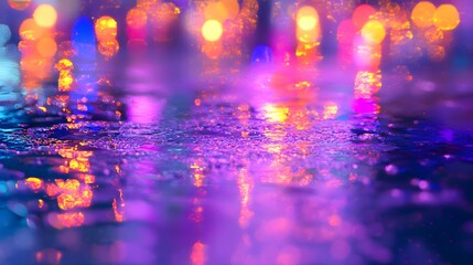 Colorful blurry street lights reflecting in a wet surface at night