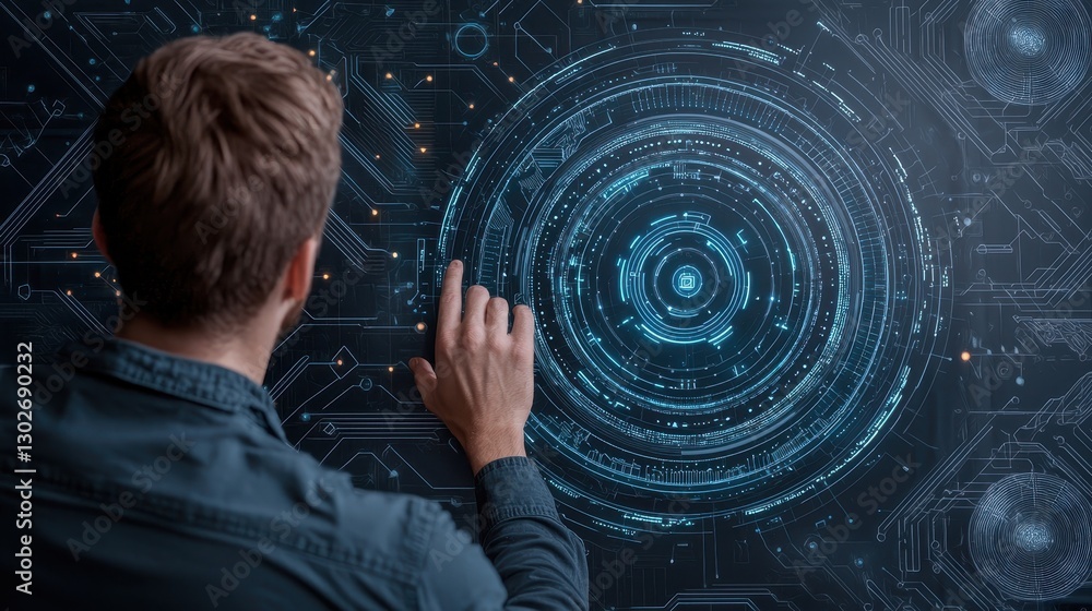 Aufkleber A person interacts with a futuristic, digital interface filled with glowing blue patterns and circular designs, suggesting advanced technology and data visualization.