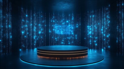 Empty podium in a dark futuristic room, with digital holographic displays floating in the air and glowing data streams