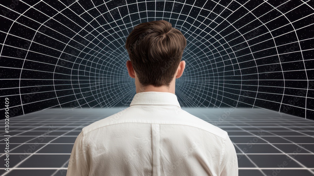 Poster A person stands before an expansive grid, creating a sense of depth and infinity, exploring themes of technology and perception.