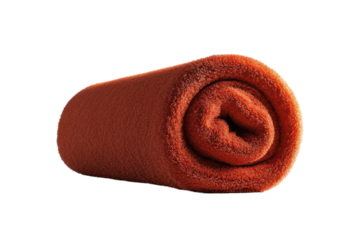 A single rolled-up towel in a vibrant orange color against a transparent backdrop, with a textured surface.