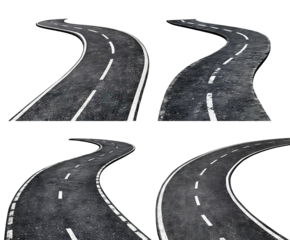 Set of curved asphalt roads with white lines, isolated on transparent cutout background