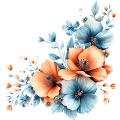 Obraz premium a beautiful elegant corner bqouet of flowers, in apricot and sky blue colors, soft watercolors, clipart on white background 