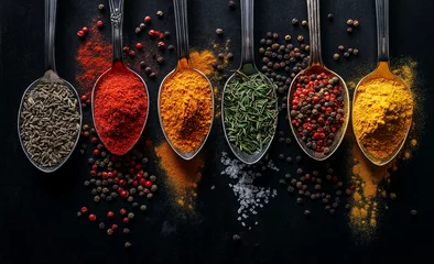 Tableau sur plexiglas Cuisine Vibrant Assortment of Spices and Herbs in Metal Spoons on a Dark Background – Colorful Culinary Ingredients with Rich Textures and Aromas  © ZaheerUDin