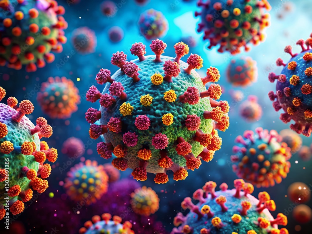 Poster microscopic view of sars-cov-2 virus particles with high depth of field