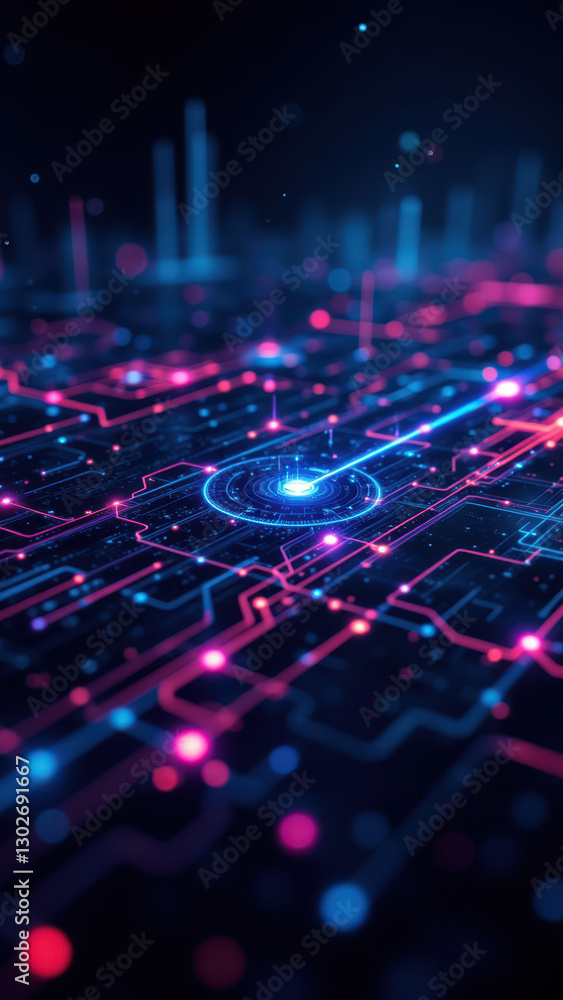Poster colorful and abstract digital illustration of interconnected technology, representing concepts such 