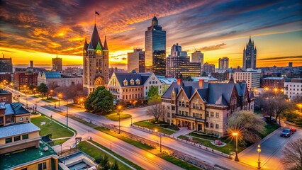 Obraz premium Milwaukee Dusk Skyline: Golden Hour Cityscape, Urban Photography