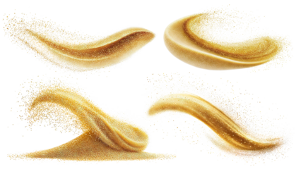 Set of golden sand splashes in dynamic motion, isolated on transparent cutout background